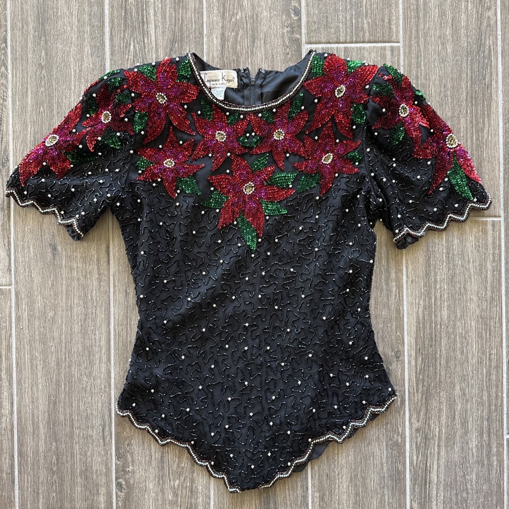 Laurence Kazar Brand Beautiful Black/Red Embellished Christmas Holiday Top Sz SM